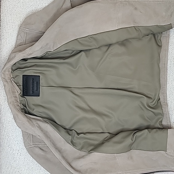 All Saints Dalby Slim Fit Cropped Suede Leather Biker Jacket in Taupe - Picture 13 of 17
